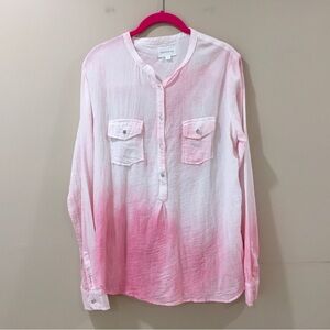 Honorine Womens Ombre Shirt Womens L Long Sleeve Collarless Button Up Cotton